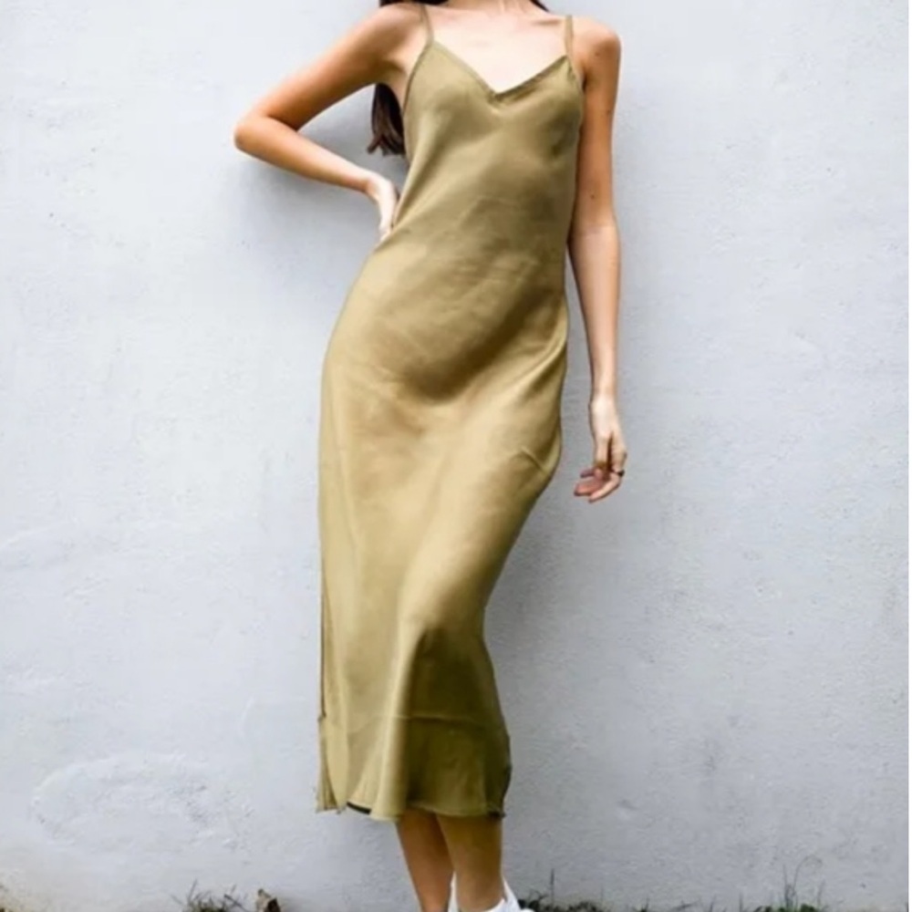 Olive Slip Midi Dress - Women's Elegant Spaghetti Strap
